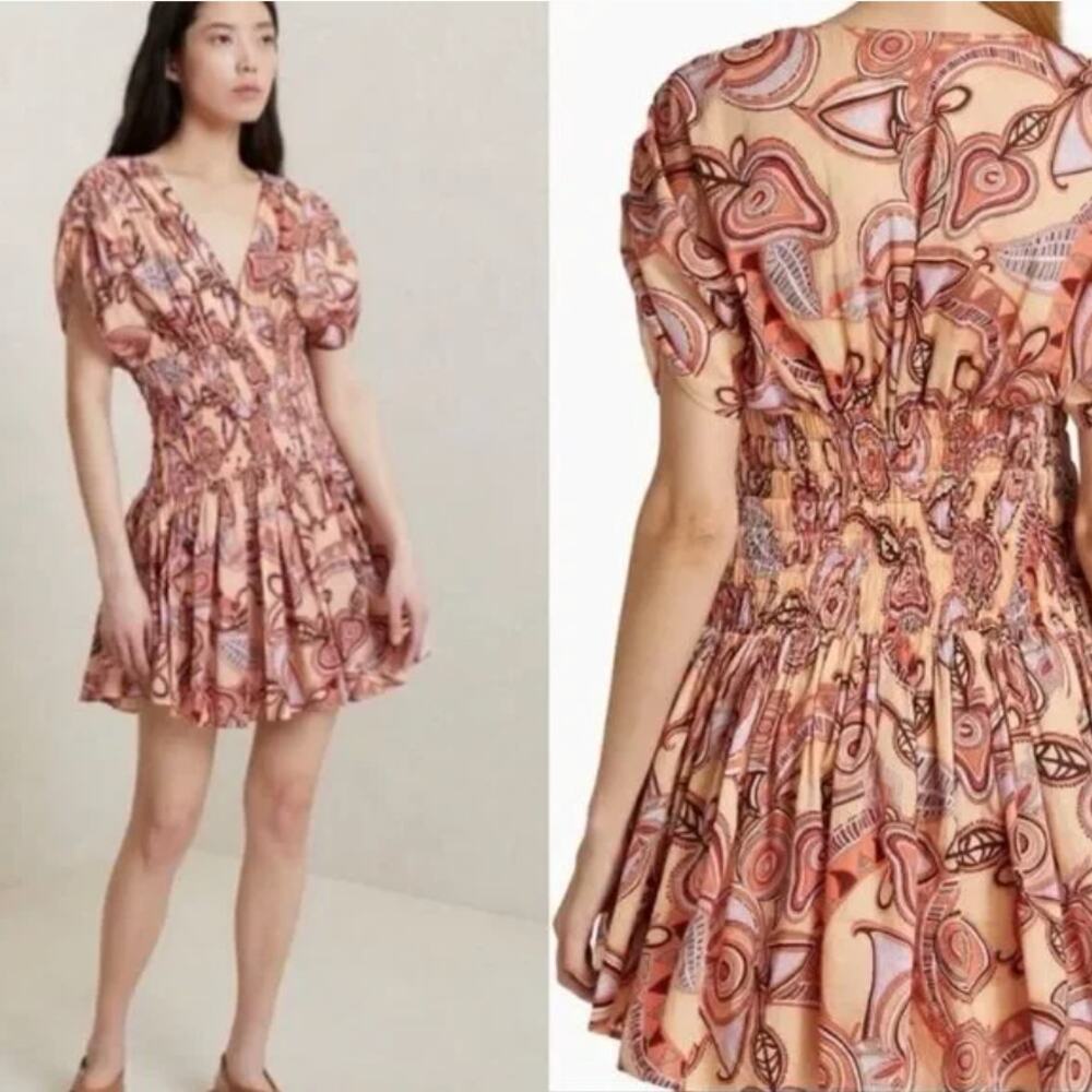 NWT A.L.C. Luna Mini Dress Smocked Ruched Ruffle ALC V-Neck Paisley Print sz S 4